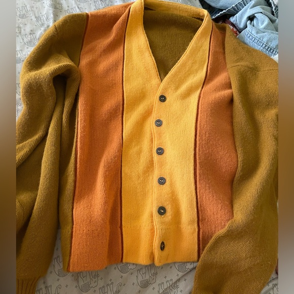Slouchy Men’s Color Block Color Block Cardigan in Brown, Orange, and Yellow - Picture 3 of 5